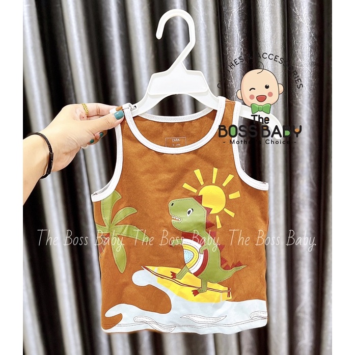 Set 3 áo sát nách hè bé trai vải cotton xuất dư hoạ tiết khủng long The Boss Baby