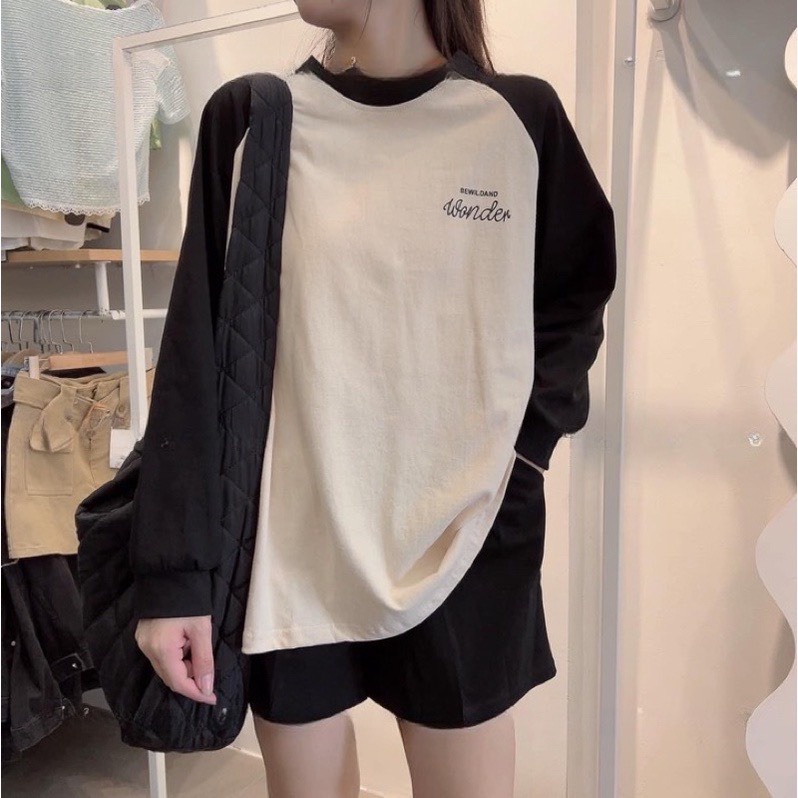 Set thể thao Wonder áo thun dài tay phối quần short chất thun cotton form rộng