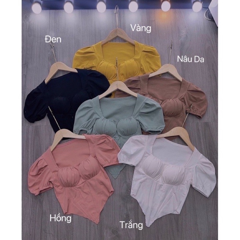 Áo thun body croptop tay ngắn nhún ngực vạt bầu nhọn ( SALE )