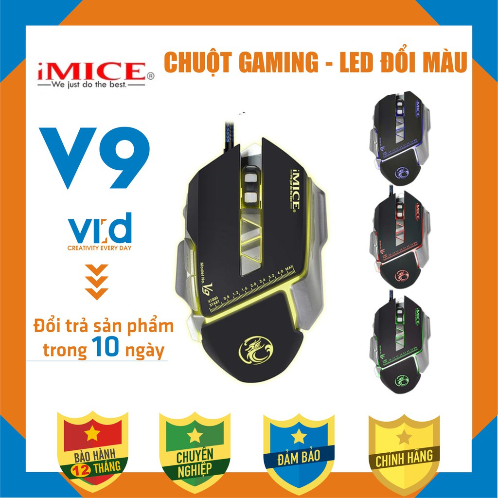 Chuột chuyên Gaming iMICE V9 – Led đổi màu – Độ nhạy max 3200 DPI Sản phẩm chính hãng, bảo hành 12 tháng !!!