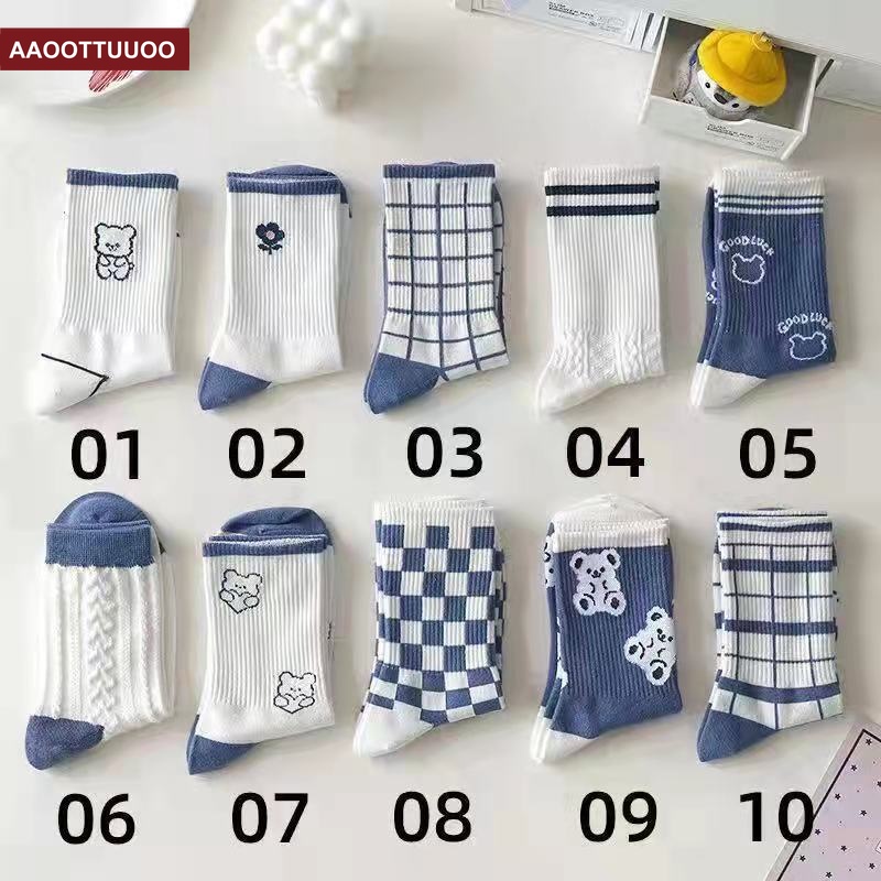 Set đôi vớ cổ trung in hình gấu hoạt hình dễ thương cho bé