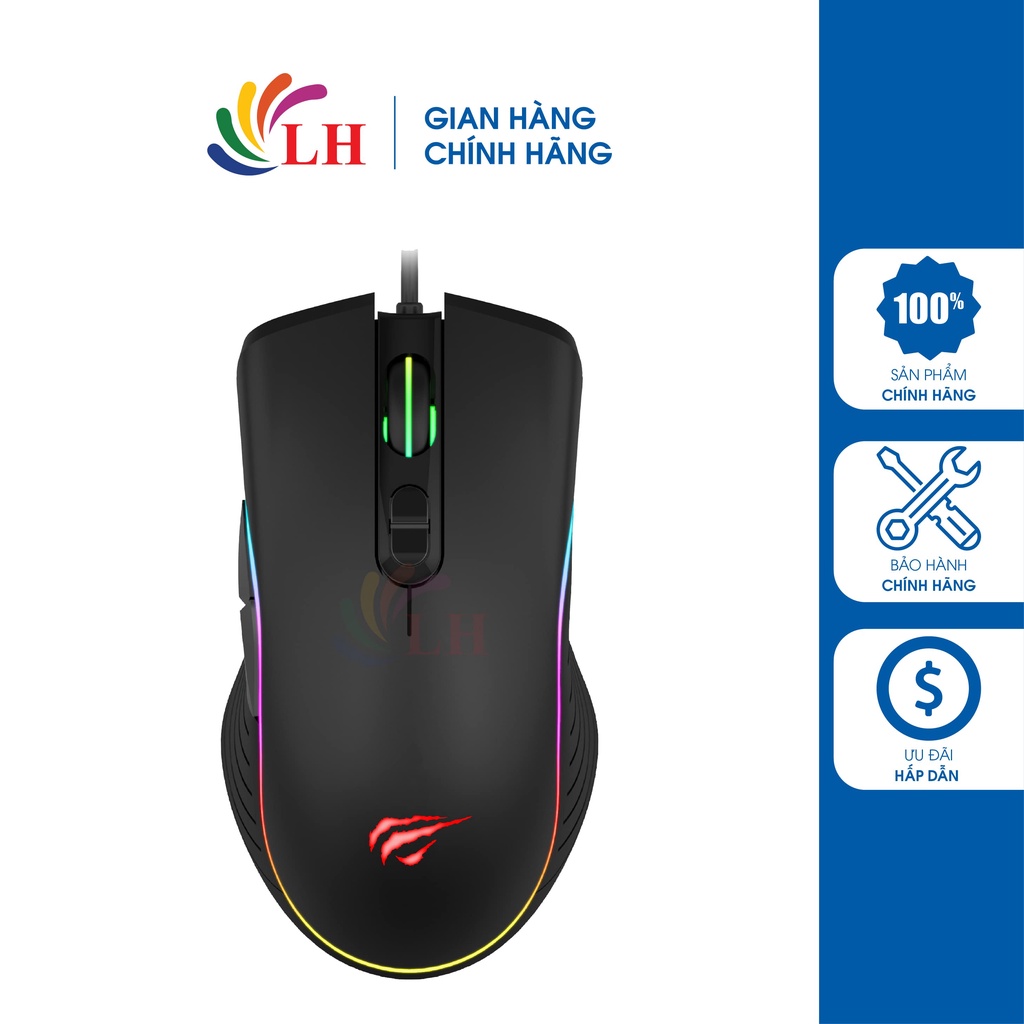 Chuột có dây Gaming Havit MS1006 - Hàng chính hãng - DPI 800 - 3200, kiểu dáng cong thái học, LED RGB đẹp mắt
