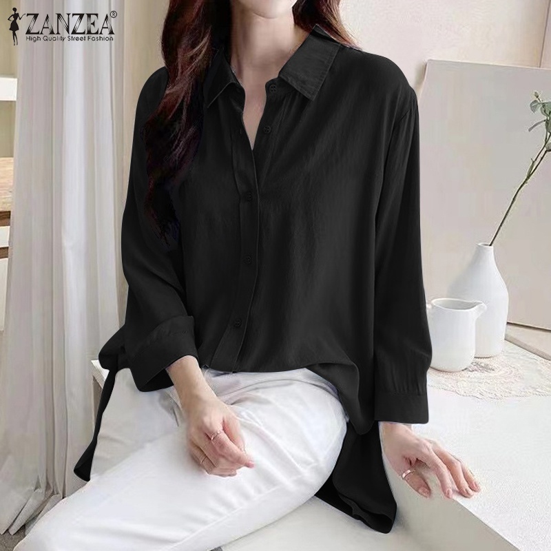 Áo sơ mi ZANZEA dài tay màu trơn phong cách Hàn Quốc thanh lịch dành cho nữ