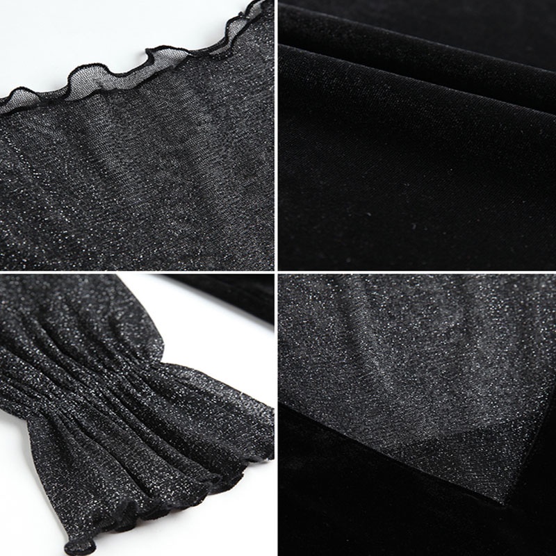 Áo nhung đen tay dài phối lưới thời trang quyến rũ cho nữ