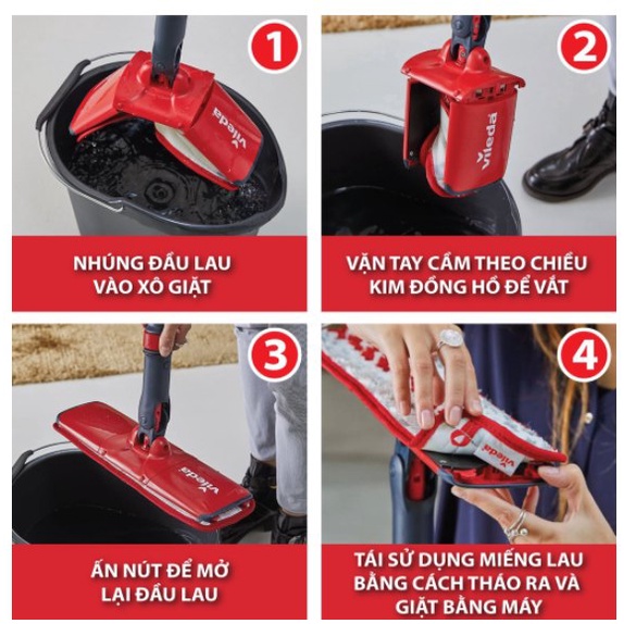 Cây lau nhà tự vắt thông minh VILEDA UltraMax Easy Twist, đầu lau hình chữ nhật, vắt nước tiện lợi - TSU152115