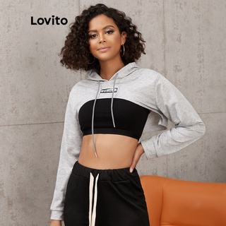 113XJ 1215XJ-Áo sweatshirt Lovito dáng ngắn phối dây rút in họa tiết chữ cái phong cách thường ngày L17X111 (Màu xám)