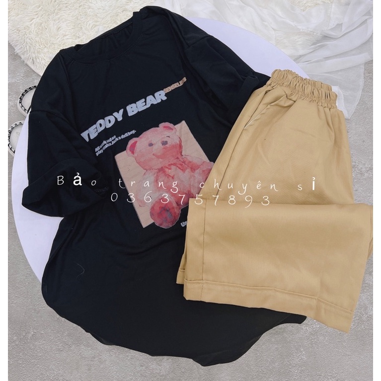 Set Bộ Áo Phông Gấu TEDDY Cổ Tròn Tay Lỡ Kết Hợp Quần Short Kaki Lửng Phong Cách Unisex Nam Nữ Kiểu Dáng Cá Tính