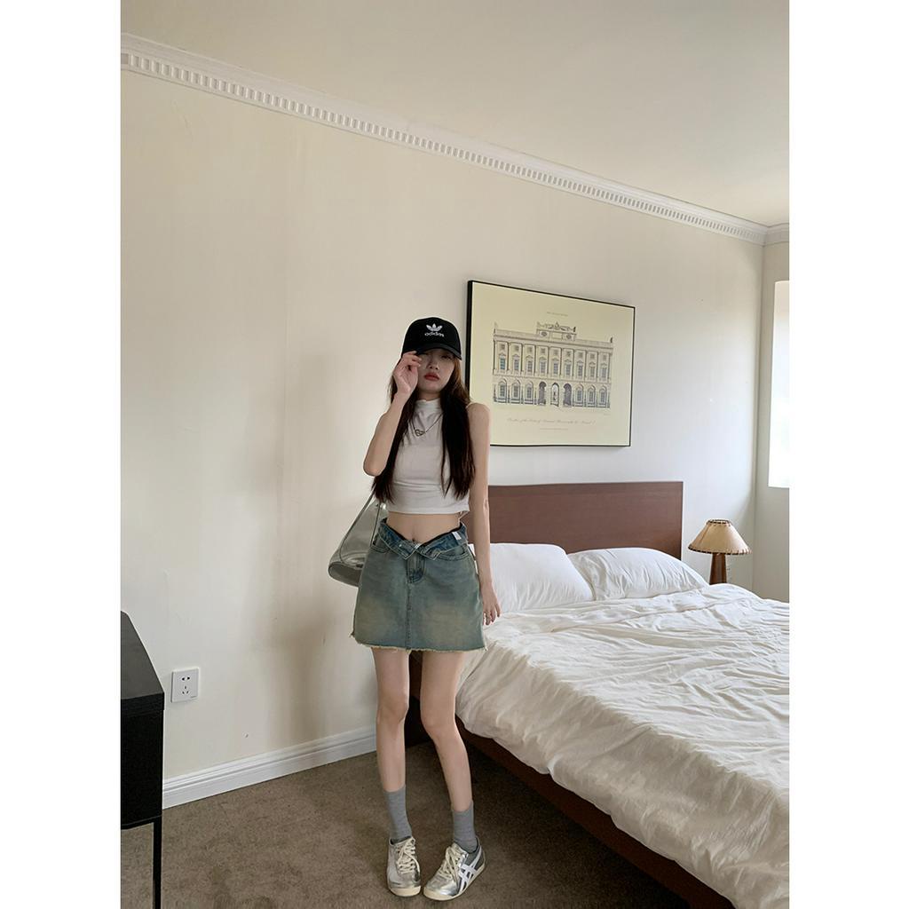 「MOTEL7」Chân Váy Denim Ngắn Dáng Chữ a Lưng Cao Phong Cách Retro