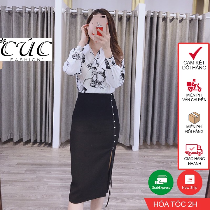 Chân váy nữ dáng dài công sở cao cấp Cúc Fashion CV14 đầm bút chì xẻ sườn ngọc