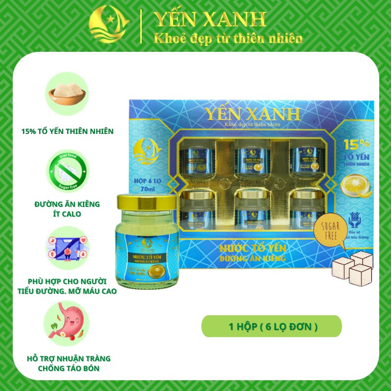 Nước tổ yến đường ăn kiêng - YẾN XANH (15% tổ yến) - Hộp 6 lọ x 70ml, tốt cho người bị tiểu đường, người cần ăn kiên