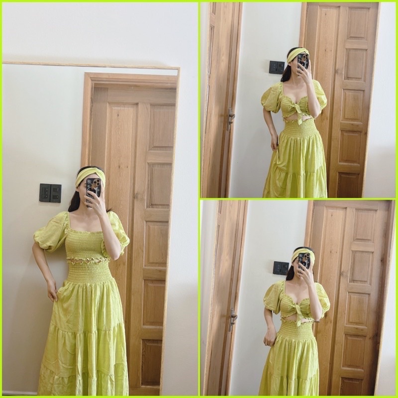 Đầm váy maxi đi biển đũi áo nhún xoè set áo croptop tay bồng chân váy dài đi chơi đi biển