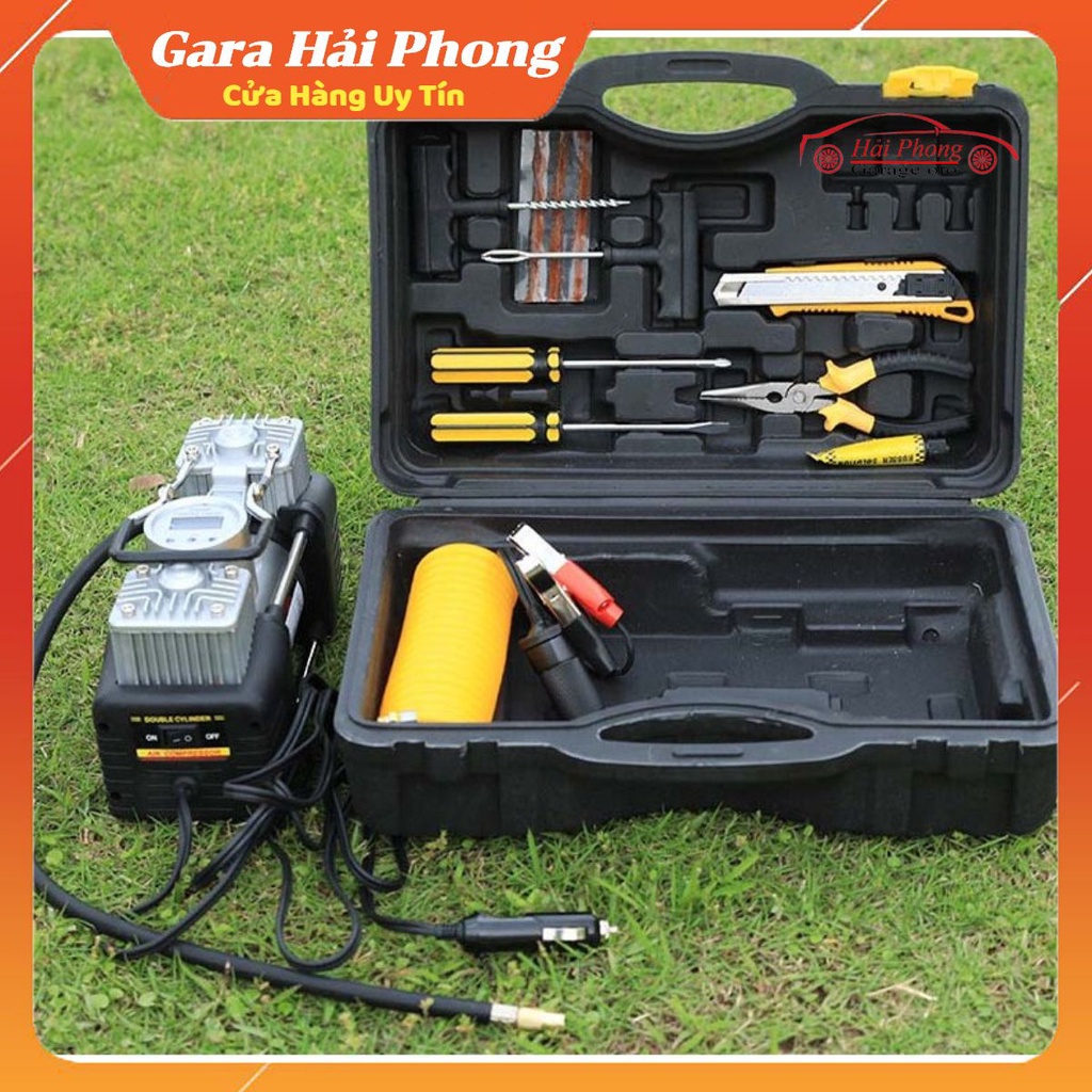 Bơm Lốp Ô Tô 2 Xi Lanh Công Suất Cao (Có Hộp + Bộ Dụng Cụ 12VDC (đồng hồ điện tử )