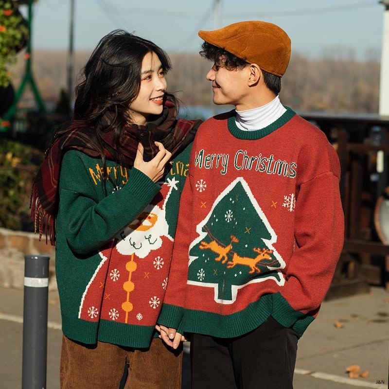 【J&N】Áo sweater dệt kim cổ tròn dáng rộng phong cách giáng sinh thời trang thu đông cho nam và nữ