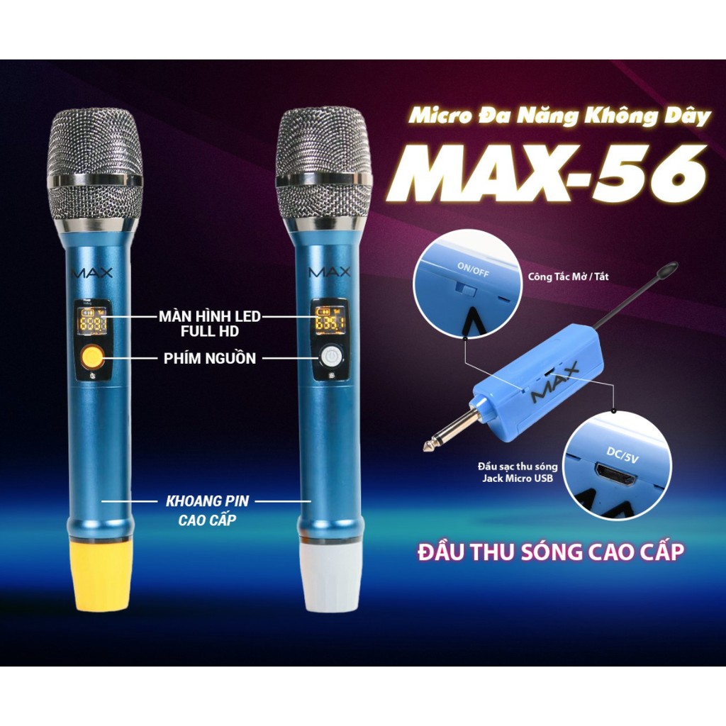 Micro Không Dây Karaoke Max 36 &amp; Max 56, Pin Sạc, Mẫu Mới 2021, Màn Hình LED, Chống Hú Tốt, Hát Nhẹ, Sóng Mạnh