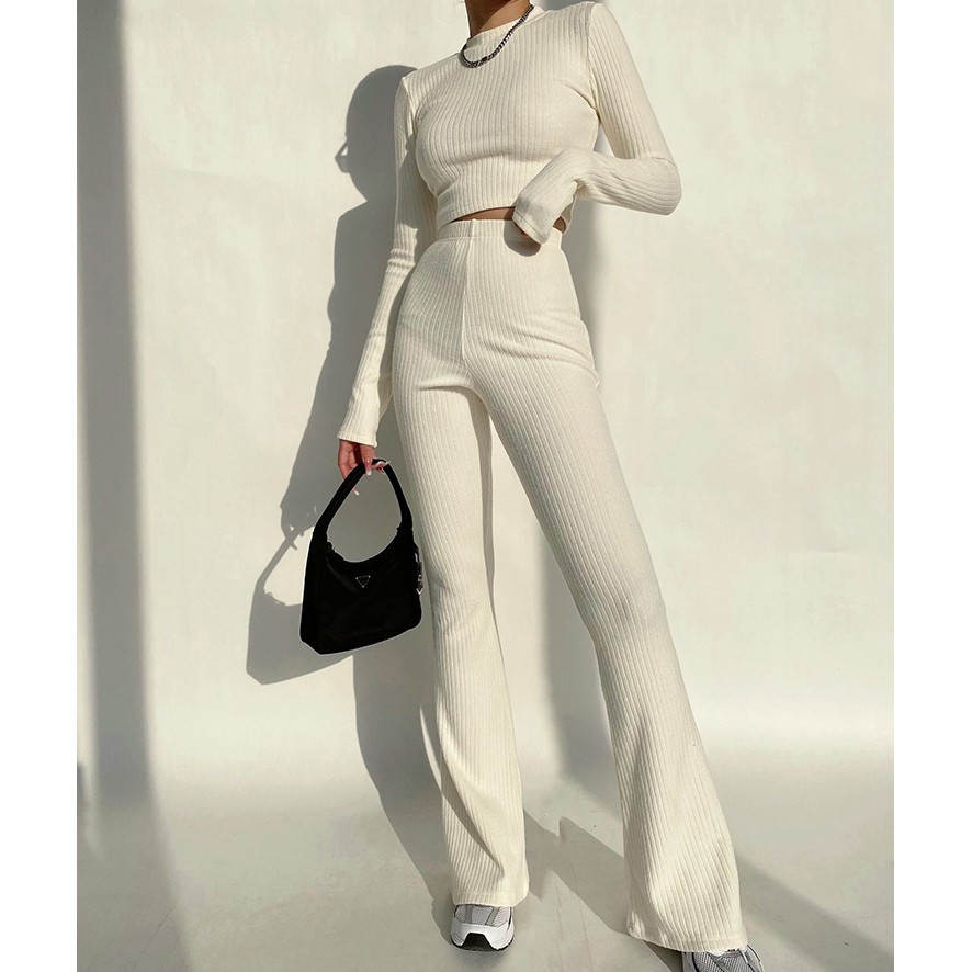 Bộ Đồ Thể Thao Áo Thun Tay Dài + Quần Dài Lưng Cao Ống Loe Thời Trang Cho Nữ