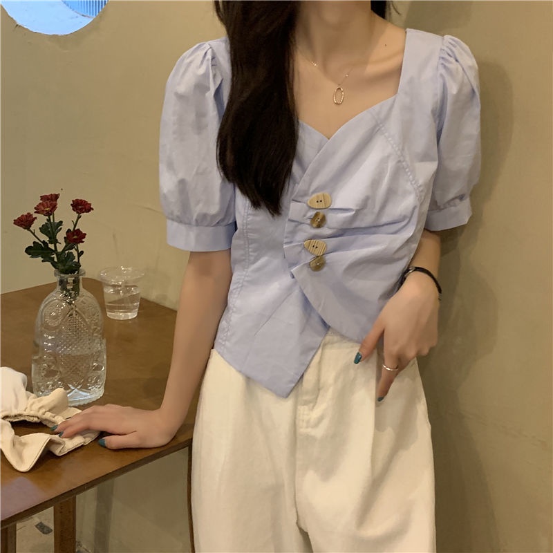 Áo Sơ Mi Tay Ngắn Phồng Cổ Chữ V Màu Trắng Thời Trang Mùa Hè Hàng Mới Dành Cho Bạn Nữ