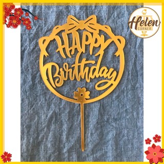 Que cắm trang trí Topper mica Happy birthday vòng tròn nơ