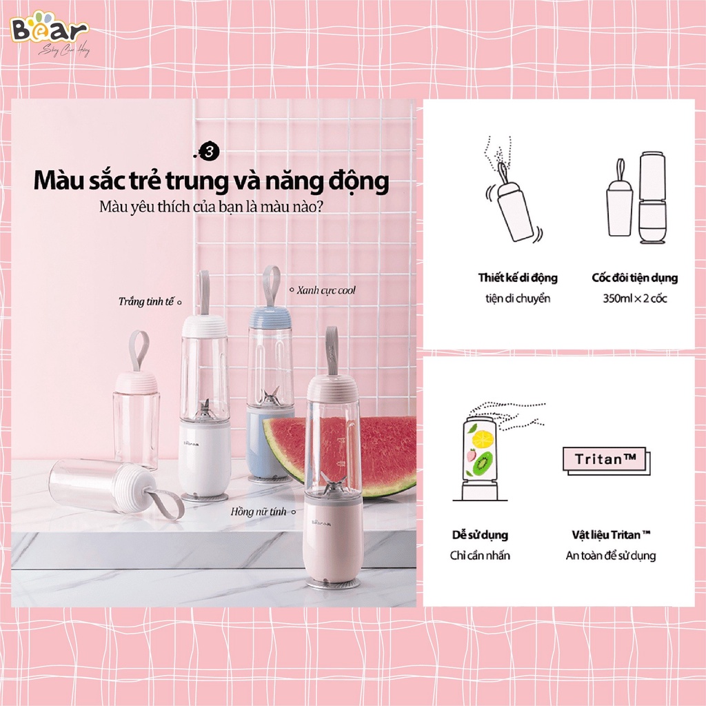 Máy xay sinh tố mini cầm tay BEAR- Dung tích 400ML, 4 lưỡi xay Inox- Nhỏ gọn, tiện lợi, Bảo hành CHÍNH HÃNG!