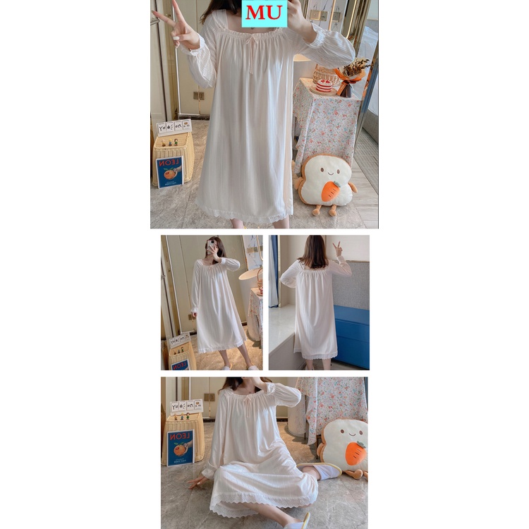 Váy ngủ cotton tay dài dáng rộng phong cách công chúa dễ thương thời trang xuân thu 2021 cho nữ