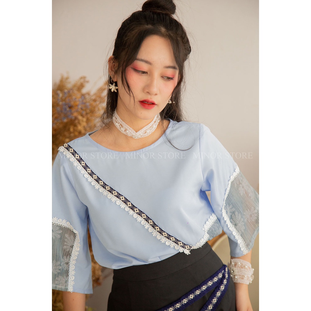 ÁO XANH PHỐI VOAN TƠ NHUNG IN HOA [MINOR MARCELLA top] | BigBuy360 - bigbuy360.vn