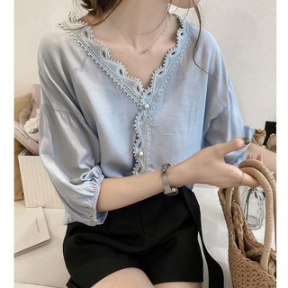 Áo Kiểu Tay Phồng Cổ Chữ V Phối Ren Hoa Thiết Kế Thanh Lịch Cho Phái Nữ