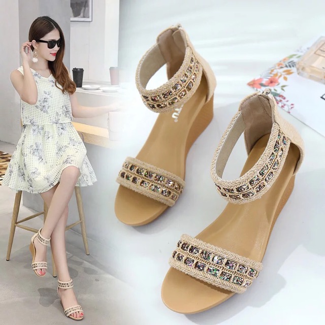 Sandal đế xuồng, gắn đá lên chân cưc đẹp, sang, sáng chân- hàng quảng châu