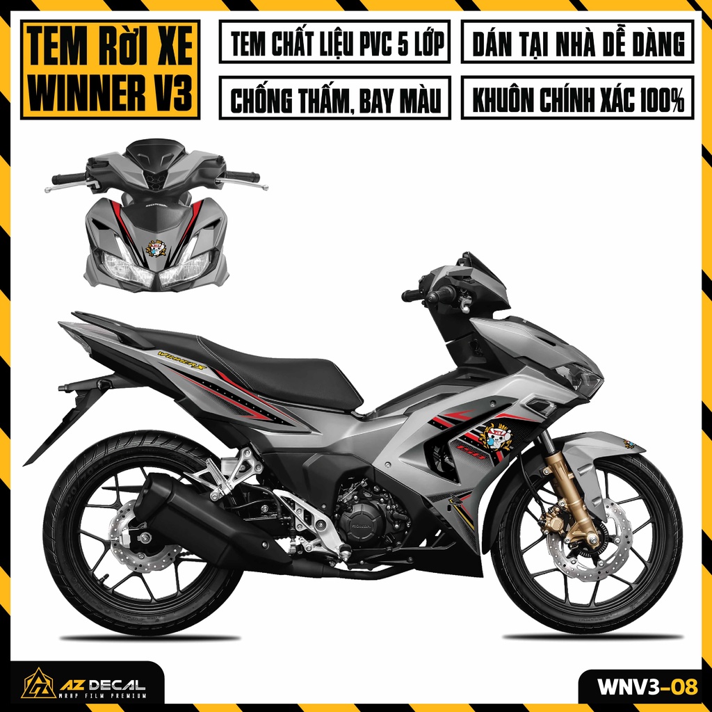 Tem Xe Winner V3 Phong Cách Racing Boy | WNV3-08 | Decal Rời Dán Winner X 2022 RCB Cho Xe Đen Trắng Đỏ Xám