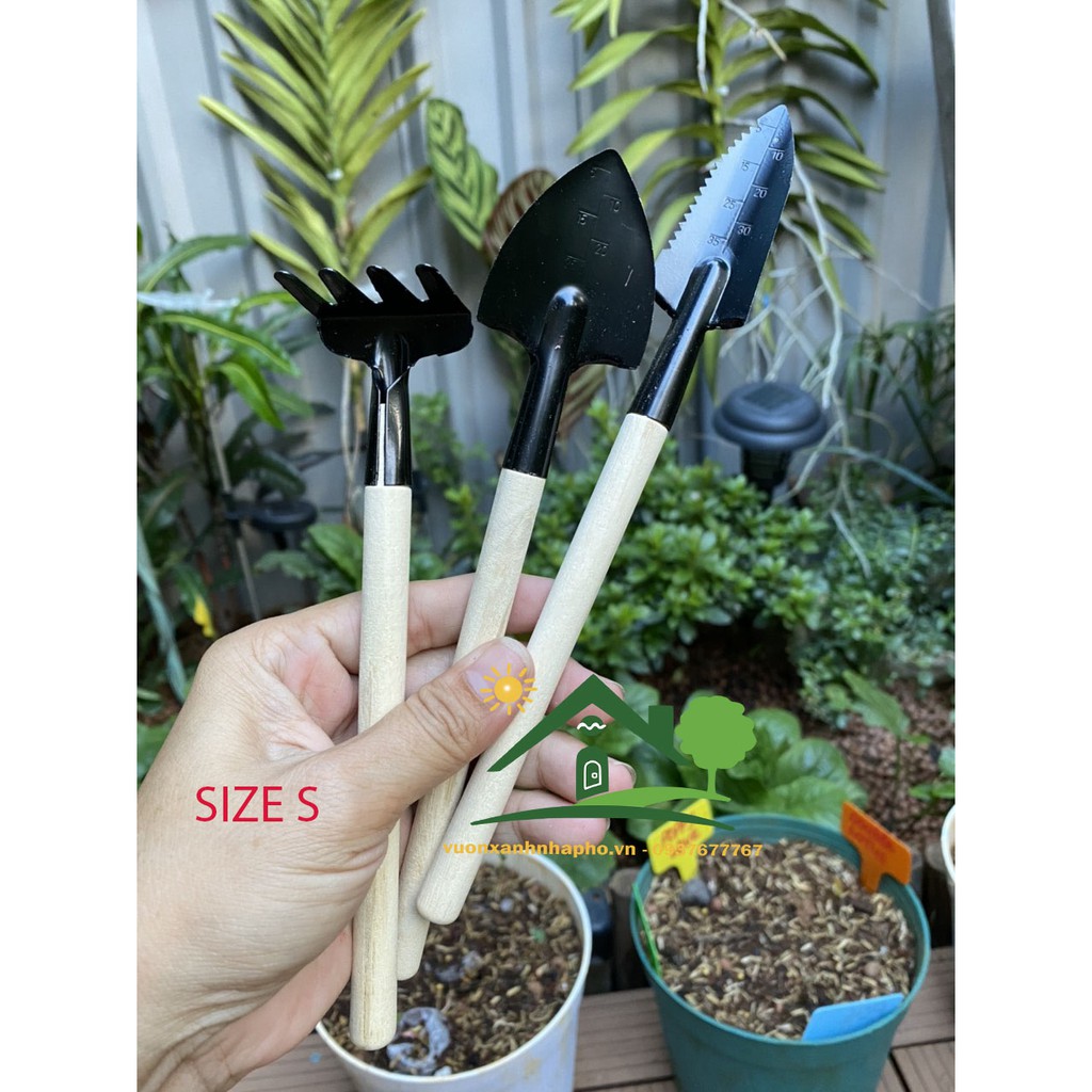 Bộ Cuốc Xẻng 3 Món Size S Không Màu - Cán Gỗ Làm Vườn Chăm Chậu Nhỏ