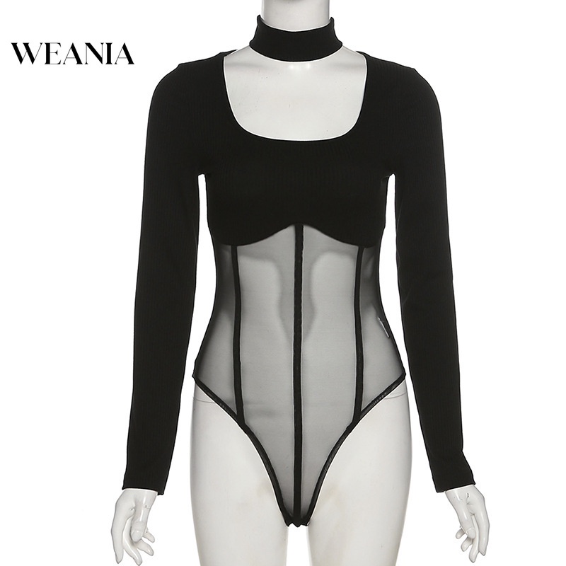 Jumpsuit WEANIA tay dài phối lưới thiết kế cổ chữ u quyến rũ