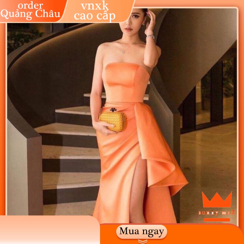 ✨QUẢNG CHÂU✨ Đầm body dài dự tiệc cúp ngực xẻ đùi nhún bèo eo sang trọng SUNNY MALL - size M/L (kèm ảnh/video thật) MS28