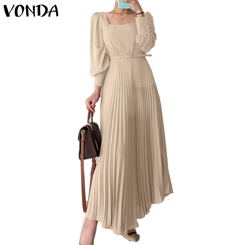 Váy dài xếp ly VONDA màu trơn tay dài cổ vuông phối thắt lưng phong cách Hàn Quốc giản dị cho nữ