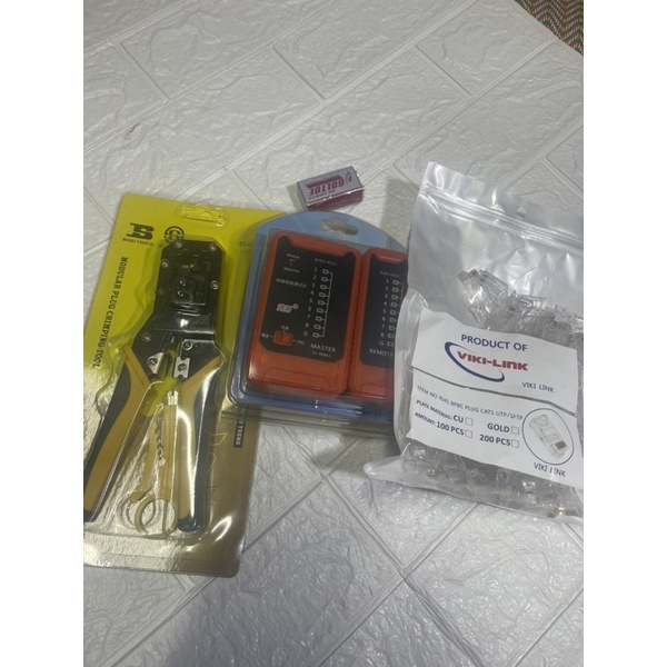 Combo dụng cụ làm mạng gồm Kìm bấm RJ45 Bosi BS433268, hộp test mạng SY-468A3, 100 Đầu bấm RJ45 Viki chính hãng.