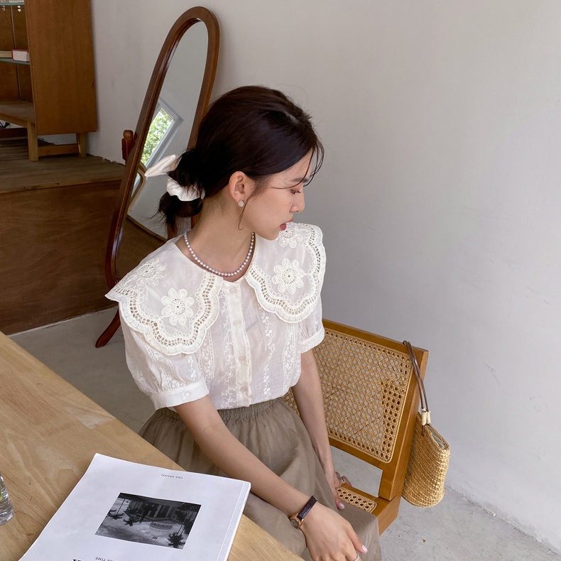 Áo Sơ Mi Cổ Lá Sen Ngắn Tay Thêu Hoa Thời Trang Sành Điệu 50969
