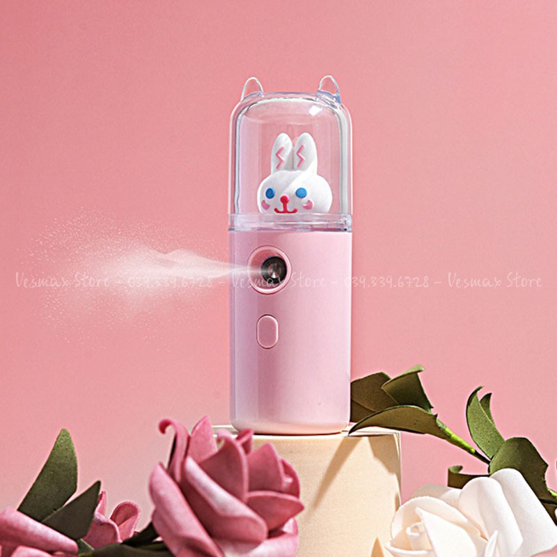 Máy phun sương xông hơi mặt Nano mini cầm tay bò sữa và thỏ dễ thương hỗ trợ xịt khoáng cấp ẩm tức thì sạc USB