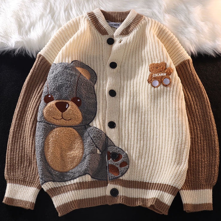 Áo khoác cardigan cài nút in hình gấu kiểu dáng cổ điển cho nữ
