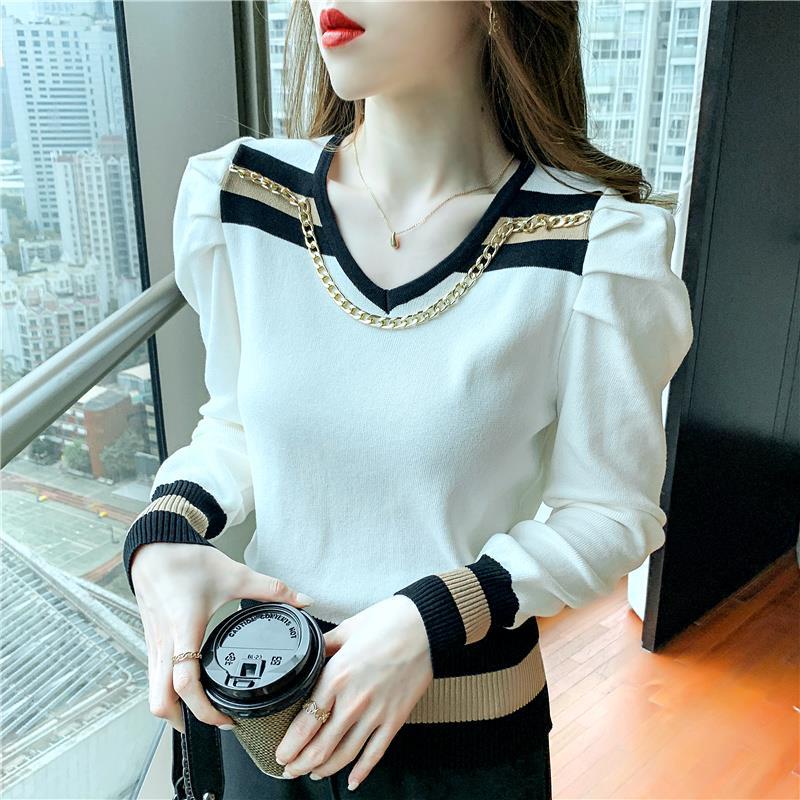 Áo dệt kim tay phồng cổ chữ V màu sắc tương phản thời trang mùa thu cho nữ 2021