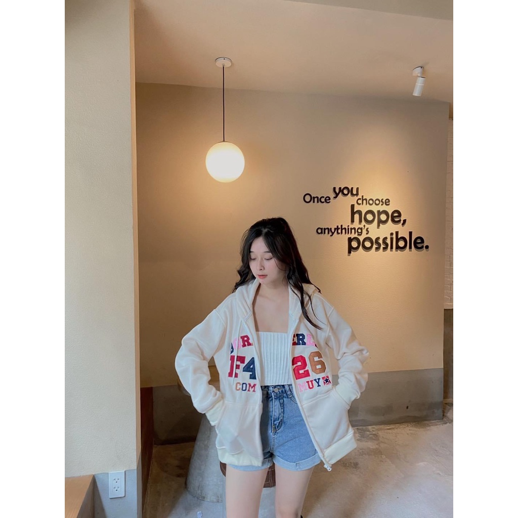 Áo Khoác Nỉ Nữ F426 Mũ 2 Lớp Áo Hoodie Nỉ Form Rộng Tay Bồng Khóa Kéo