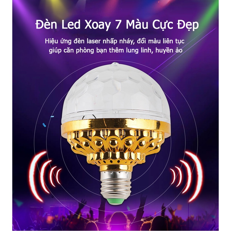Đèn led xoay 7 màu vũ trường nháy chớp theo nhạc bay phòng sân khấu hiệu ứng 360 độ kèm đui cắm E27.