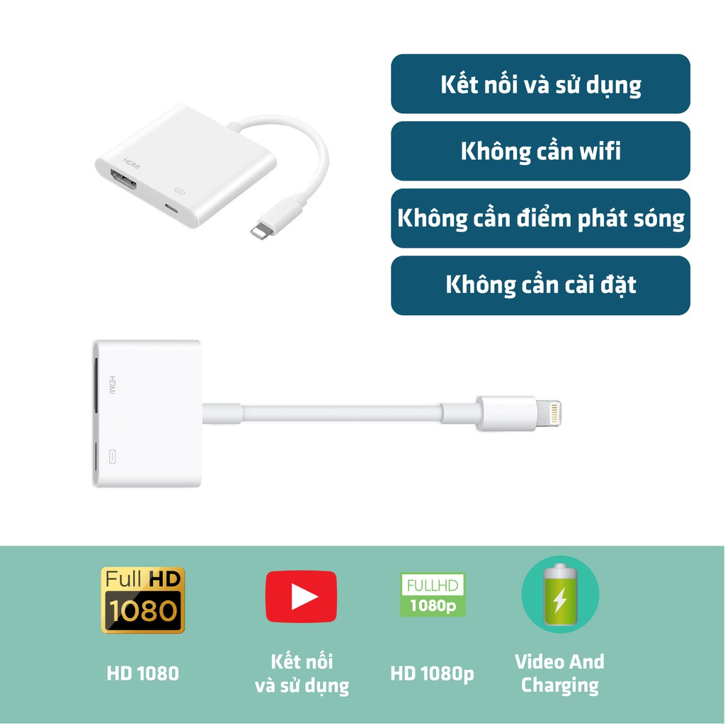 Dây cáp chuyển đổi cổng Lightning sang HDMI cho điện thoại iPhone, hình ảnh sác nét, âm thanh chân thực