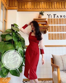 Đầm Đỏ Dáng Dài Tay Phồng