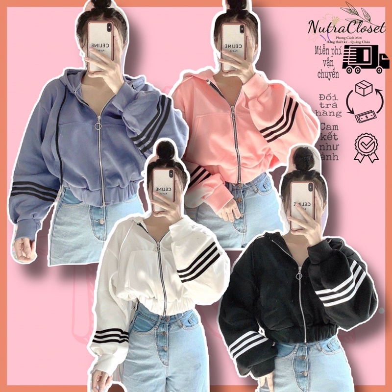 Áo khoác lửng croptop nỉ ngoại sọc tay có nón unisex ulzzang nam nữ