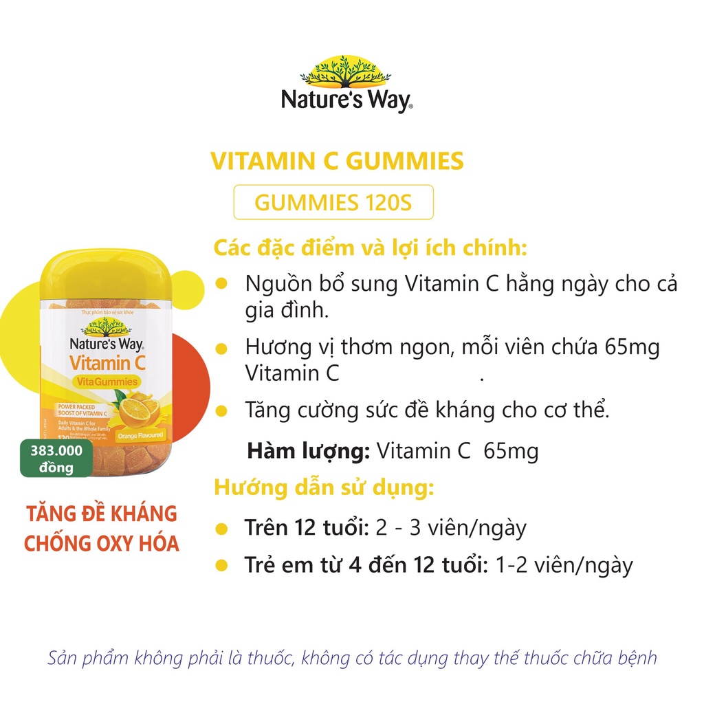 Kẹo dẻo bổ sung Vitamin C cho người lớn Nature’s Way Vitamin C Vita Gummies for Adults 120 viên Healthy Care Extaste