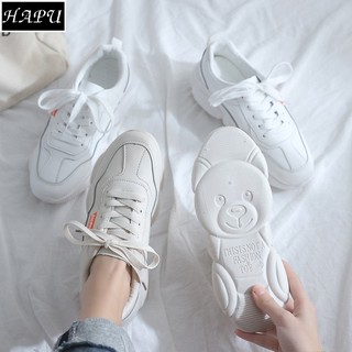 Giày thể thao nữ đế gấu, khâu viền da, gót sọc HAPU màu kem