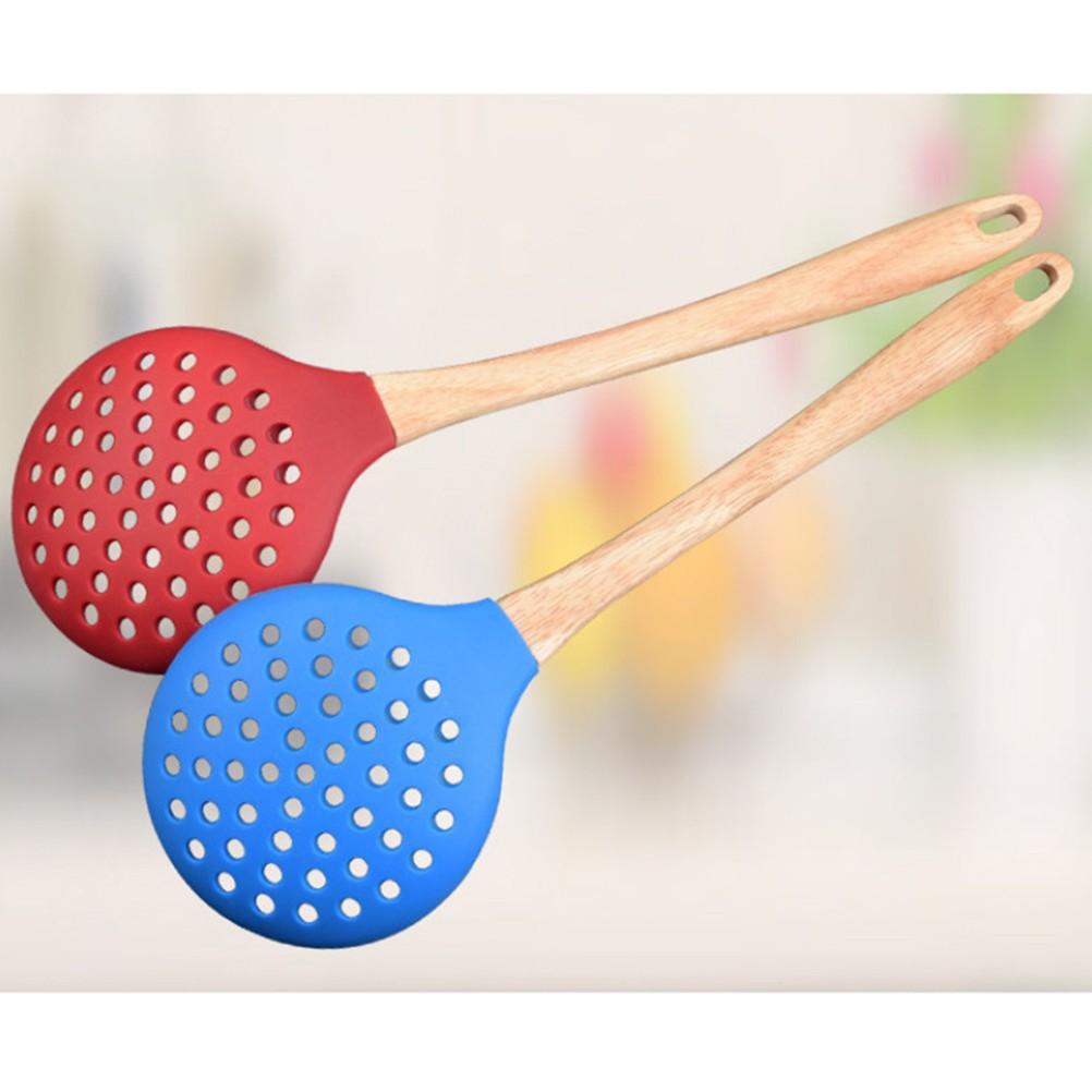 Silicone Skimmer Wood Handle Heat Resistant Slotted Spoon Food Serving Ladle Frying Strainer Kitchen Utensil for Home Restaurant