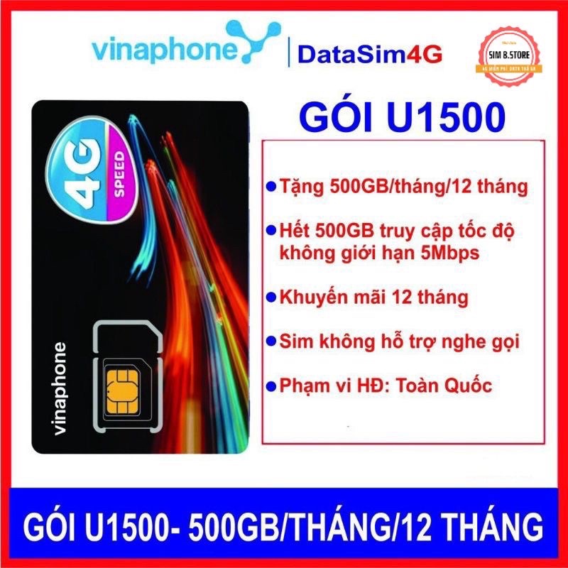 { FREE 1 NĂM } Sim 4G Vinaphone U1500 Tặng 500GB/tháng Tốc Độ Cao Sử Dụng Không Giới Hạn Băng Thông 5mbps