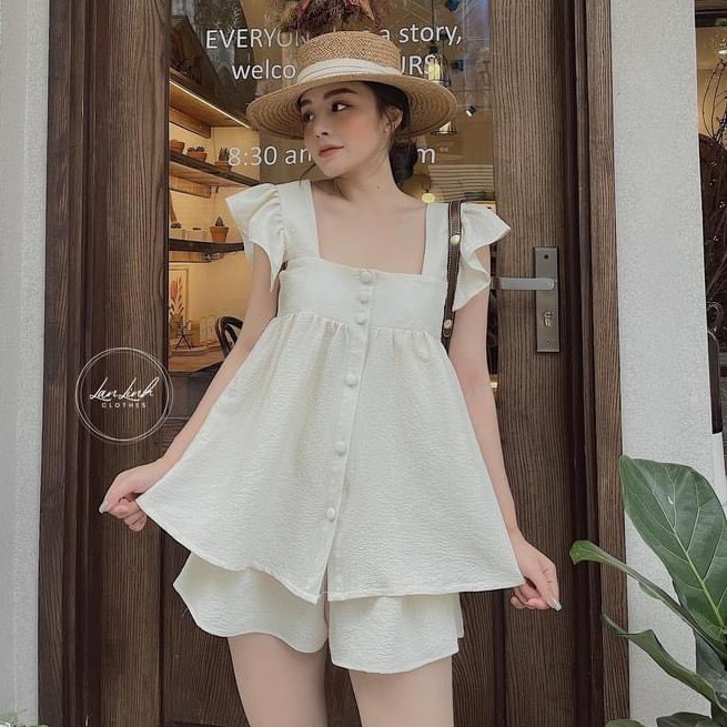 [Mã FAMARAL2 giảm 10K đơn 50K] Set Đũi Xốp 2 Dây Cánh Tiên Cúc Ngực Mix Quần Sooc