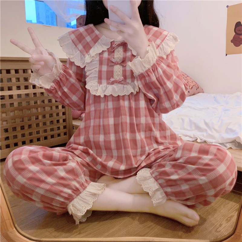 Bộ đồ ngủ tiểu thư phối ren kẻ sọc