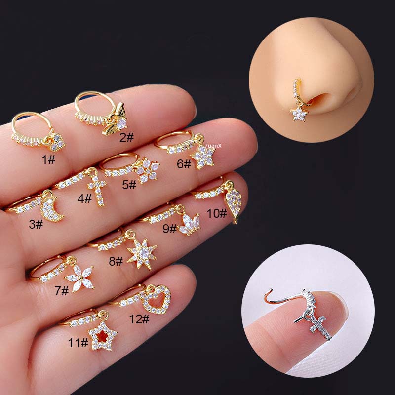 1 Khuyên Mũi Hình Trái Tim/Bông Hoa/Ngôi Sao Không Khóa Bằng Đồng Đính Đá Zircon