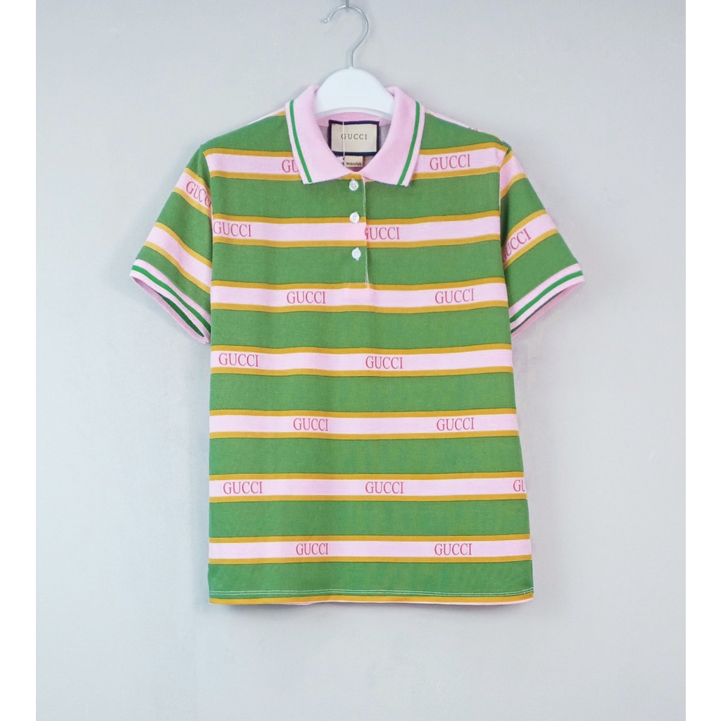 ÁO THUN CỔ TRỤ ÁO POLO GUCCI SỌC XANH LÁ HỒNG VNXK - COTTON CÁ SẤU 100%