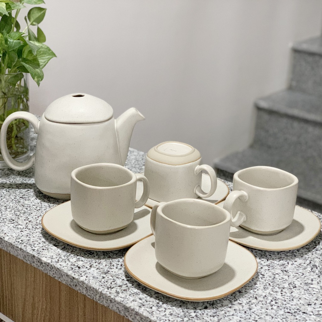 TWIN - Bộ ly trà/ cafe Epresso kèm dĩa trắng xám men mờ cao cấp